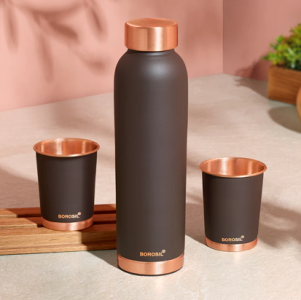 Borosil ECO Colour Copper Bottle & Glass Set, Brown